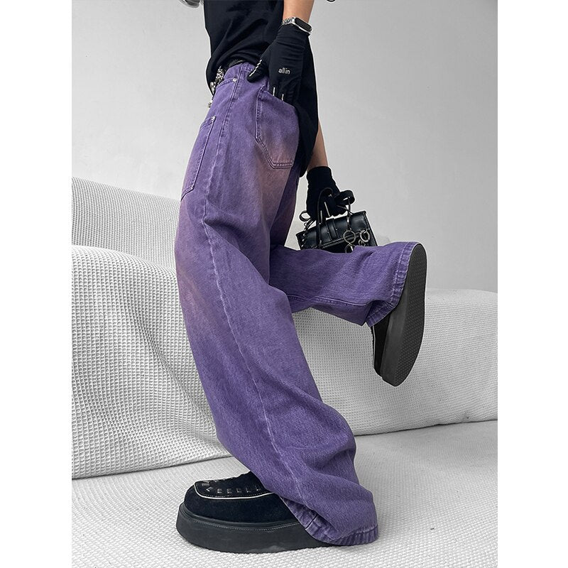 Summer Gradient Purple Vintage Jeans Fashion Pocket High Waist Baggy