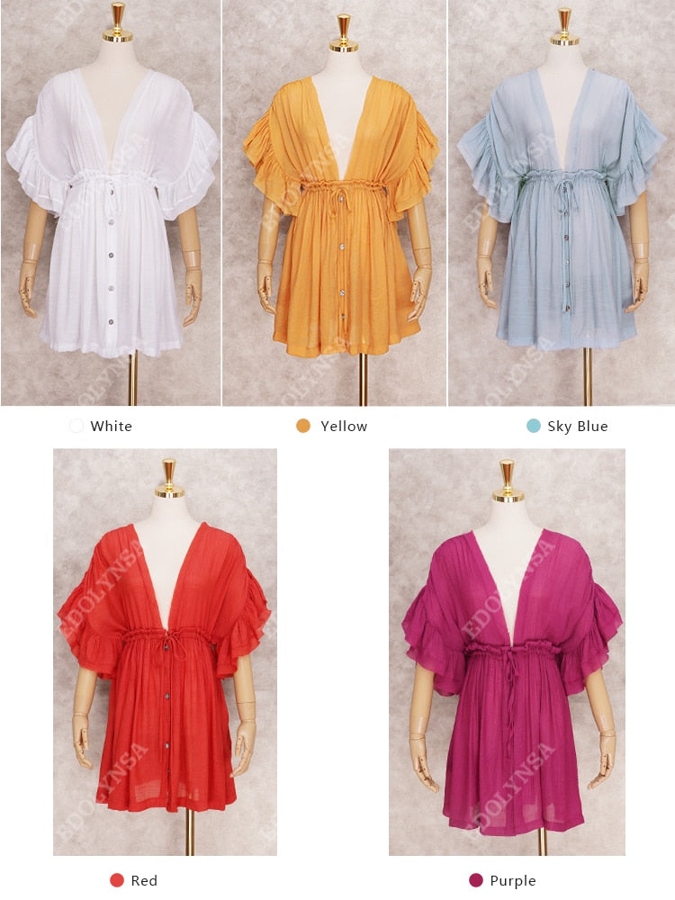 Bikini Cover-ups White Tunic V-neck Butterfly Sleeve Summer Beach Wear