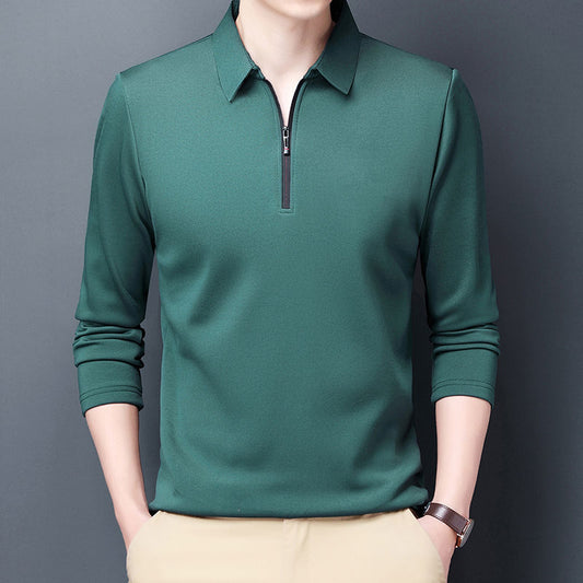 Men Solid Polo Shirt Lapel Long-sleeved Polos Shirt Zipper Collar