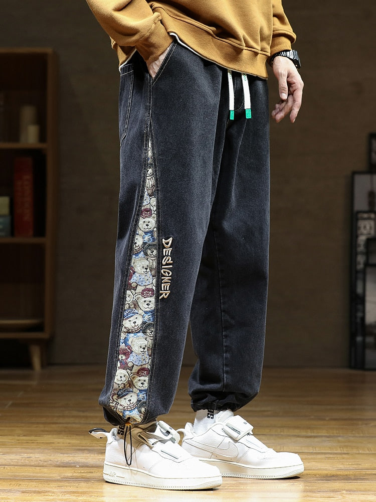 Men Jeans Baggy Pants Fashion Bear Patchwork Wide