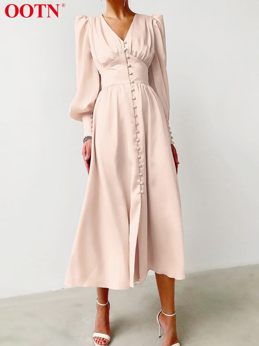 Beige Single Breasted Elegant Dress Women Party Club High Waist Satin Long Dress