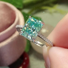 6*8MM Rectangular Green Crushed Ice Moissanite Ring with Certificate