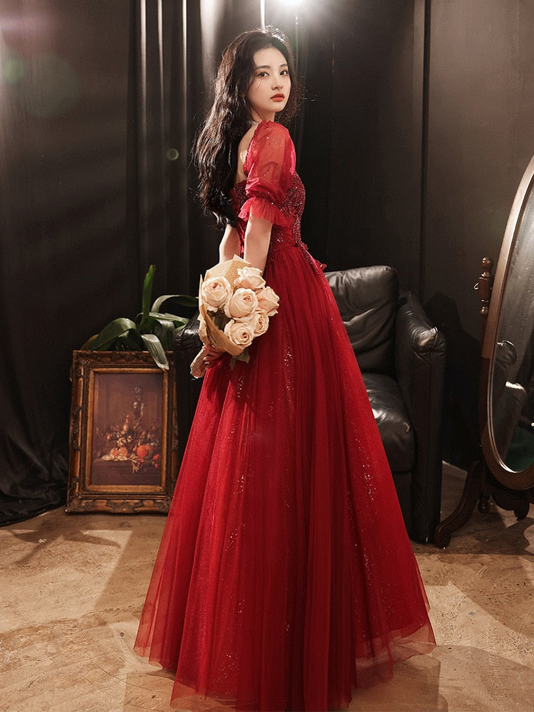 Evening wear Dresses: Prom Dress Sequins Mesh Sleeve Appliques Party Ball Gowns