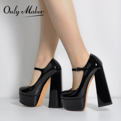 Women Pumps Mary-Jane Platform Black Pink Chunky 16CM High Heels Ankle