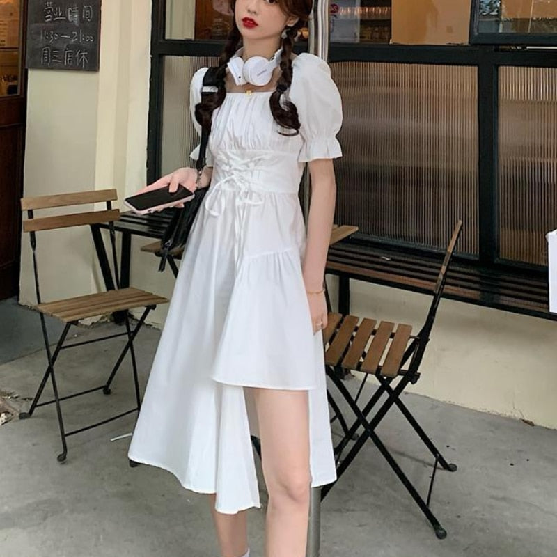 Women White Dress Autumn Elegant Vintage Kawaii Puff Sleeve Midi Dress Square Collar Bandage Sundress Goth Outfits