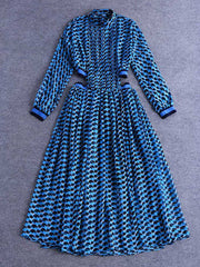 Print Dress For Women Stand Collar Long Sleeve High Waist Hollow Out Midi Dresses