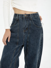 Dark Blue Womens Jeans High Waist Vintage Straight Baggy Denim Pants