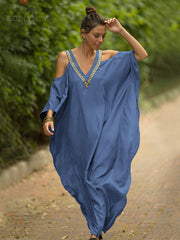 Cold Shoulder V Neck Bats Sleeve Loose Summer Beach Dress Plus Size