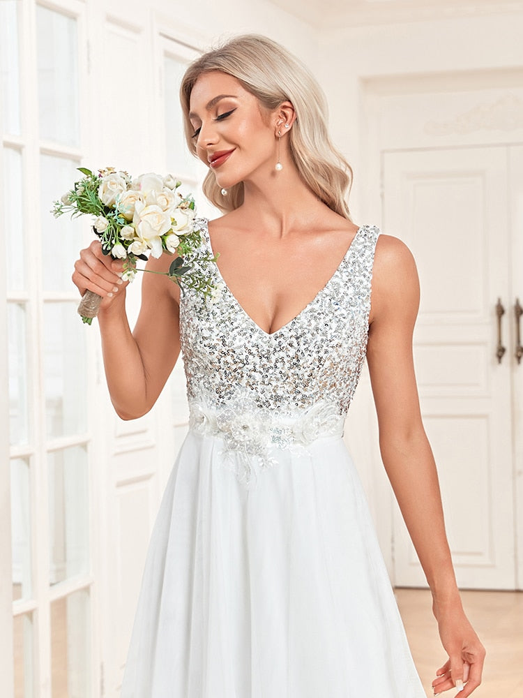Evening wear Dresses: V-Neck Sleeveless Sequin Floor Length Evening Dress White