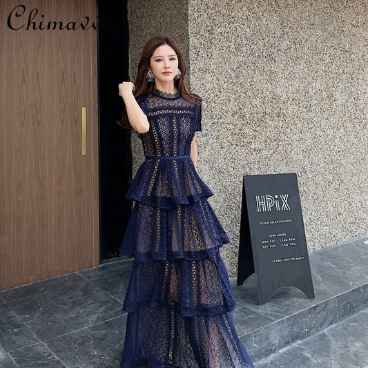 Maxi Dresses for Women Dark Blue Exquisite Lace Stitching Short Sleeve Multi-layer