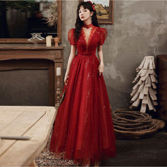 Evening wear Dresses: Red Evening Dresses V-Neck Tulle Sequins Party Gowns