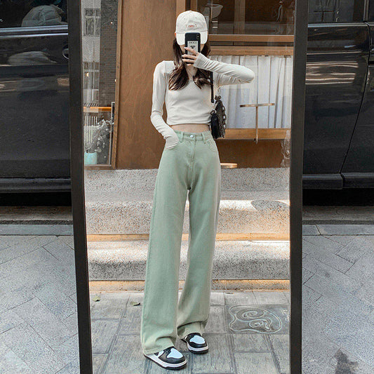Green Women Jeans High Waist Loose Straight Leg Femme Jean