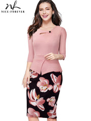 Nice-forever Autumn Print Floral Patchwork Button Casual Dress Business