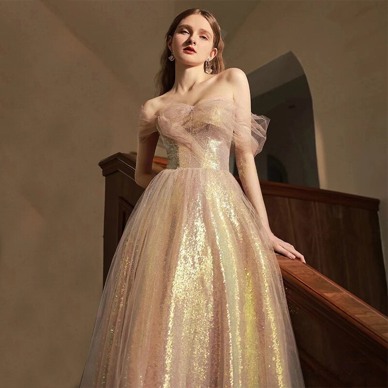 Evening wear Dresses: Long Luxury Off The Shoulder Sequin Bling Bling