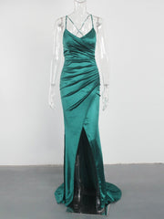 Evening wear Dresses: V Neck Padded Cocktail Prom Satin Stretch Pleated