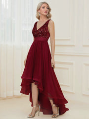 Evening wear Dresses: V-Neck Sleeveless Sequin Floor Length Evening Dress Red