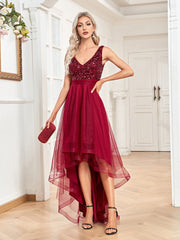 Evening wear Dresses: V-Neck Sleeveless Sequin Floor Length Evening Dress Red