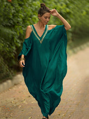 Cold Shoulder V Neck Bats Sleeve Loose Summer Beach Dress Plus Size