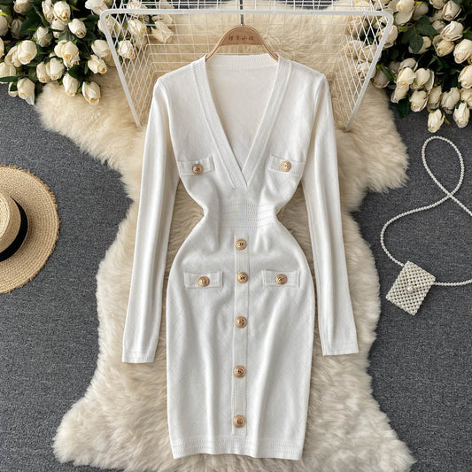 Women Knitted Pencil Dress Korean Long Sleeve V Neck Elastic Slim Dress