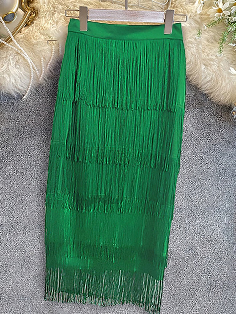 Women Fringe Bodycon Pencil Skirts Black Tassel High Waist Stretch Sheath Midi