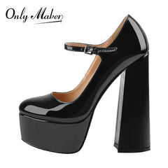 Women Pumps Mary-Jane Platform Black Pink Chunky 16CM High Heels Ankle