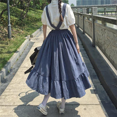 Women Skirt Preppy Style Strap Long Skirt Ruffles Loose Cute Student
