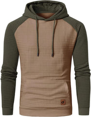 Men Hoodies Long Sleeve Plaid Jacquard Pullover Drawstring Kanga Pockets