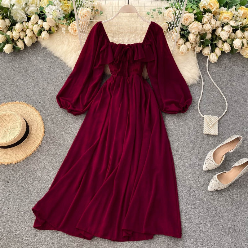 Woherb Chic Elegant Square Collar Maxi Dress Women Solid Chiffon Puff Sleeve