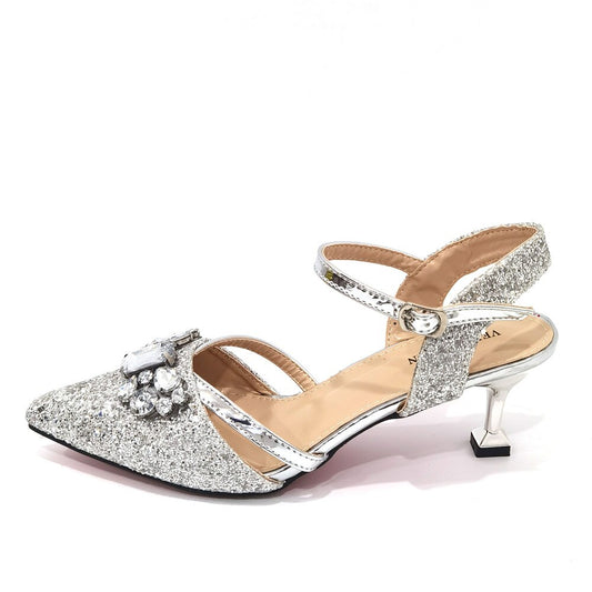 Matching Shoes and Bags: Silver Color Peep Toe Shoes Matching Bag Set For Royal Ladies
