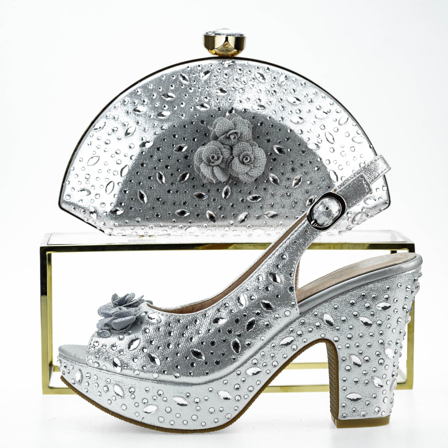 Rhinestone Chunky Heels with Matching Clutch Purse Ladies Shoes and Handbag