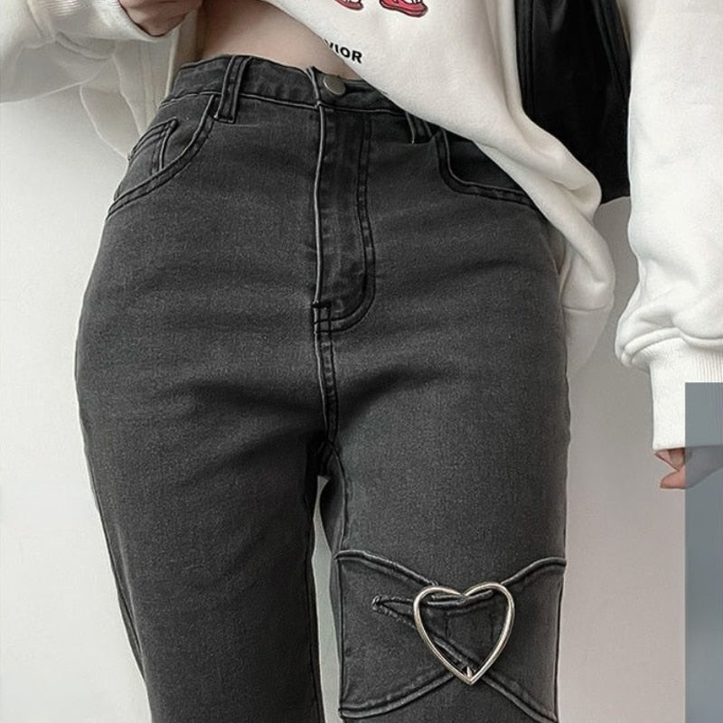 Jeans for Women Vintage Black Denim Flare Pants Street Wear High Waist Slim
