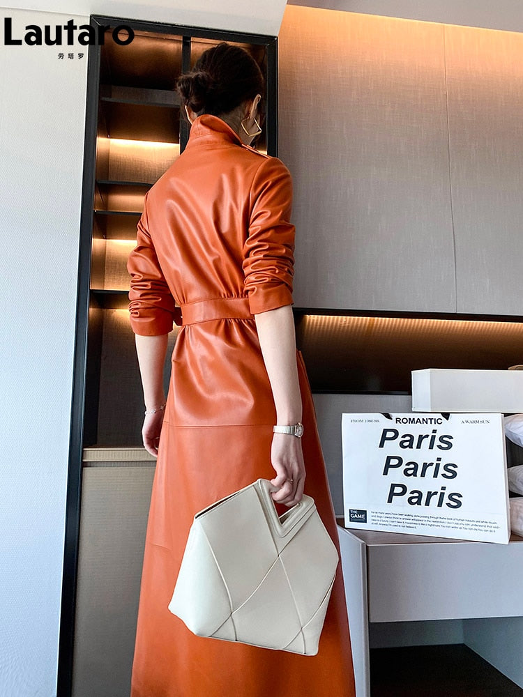 Lautaro Spring Autumn Long Orange Soft Faux Leather Coat Women Pockets