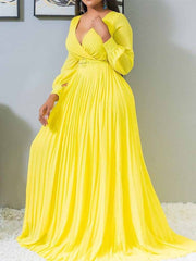 Birthday Maxi Dresses for Women Party Pleated Dress Long Sleeve Elegant Chiffon