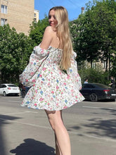 Floral Dress Women Lantern Long Sleeve Ruched Print A Line Square Neck Tie up