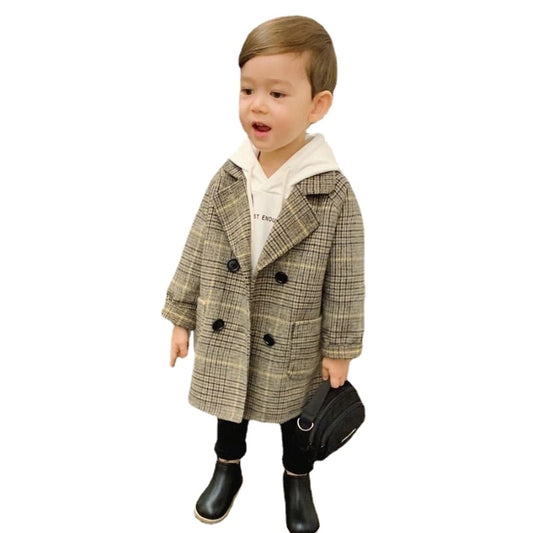 Winter Grid Jackets Boys Girl Woolen Double-breasted Baby Boy Trench Coat Lapel