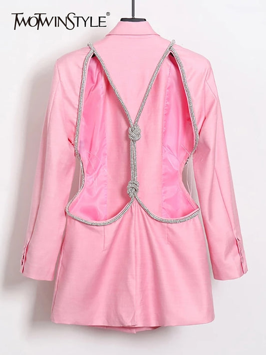 Backless Diamond Blazer Tops Female Lapel Collar Long