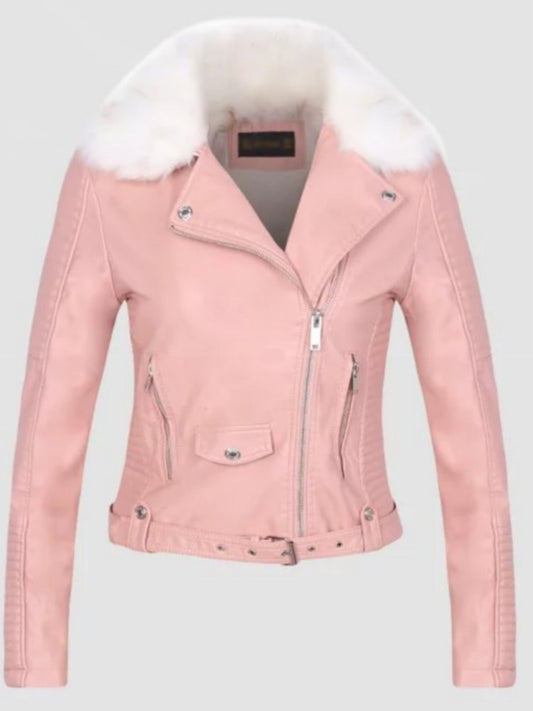 Fashion Women Winter Warm Faux Leather Jackets with Fur Collar Belt Lady Coats