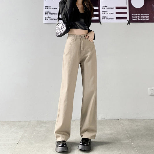 Summer Women Brown Jeans High Waist Loose Straight Wide Leg Denim Female