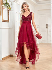 Evening wear Dresses: V-Neck Sleeveless Sequin Floor Length Evening Dress Red