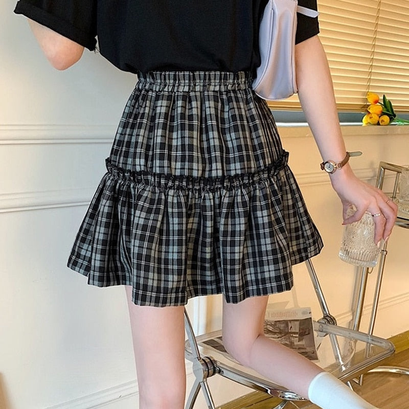 Kawaii Gothic Lolita Plaid Skirt Women Goth Bow Black High Waist A-line