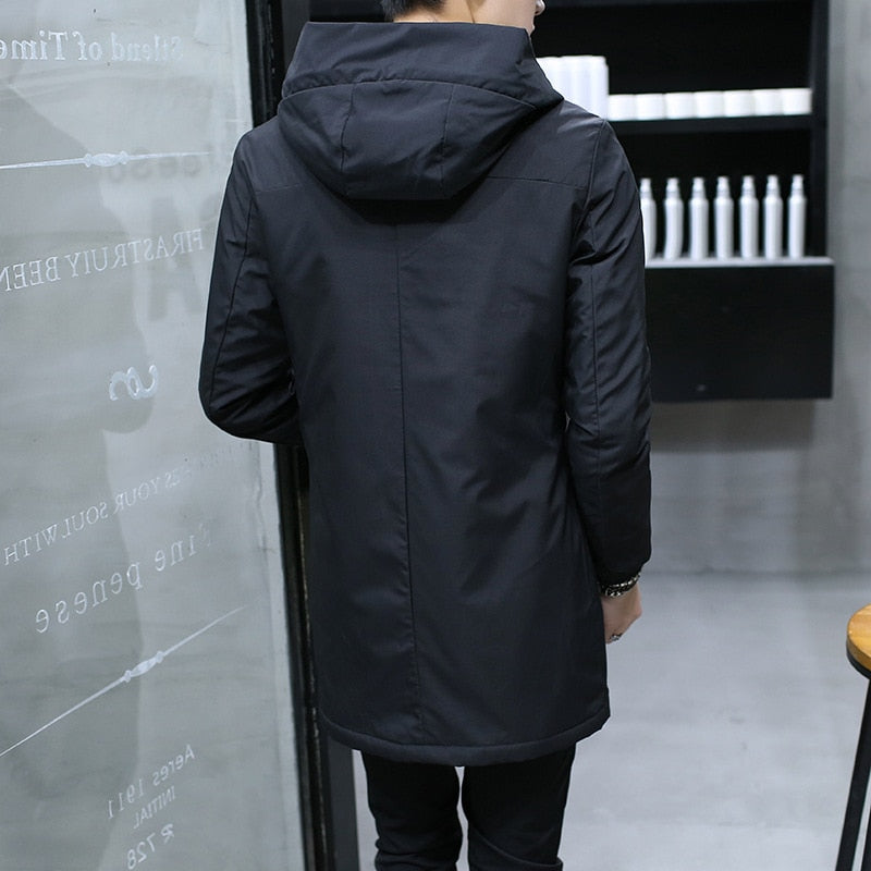Men Windbreaker Long Parka Hooded Korean Warm Anorak Coat Male Cotton