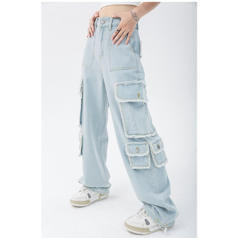 Blue Women Straight Cargo Jeans High Waist American Streetwear