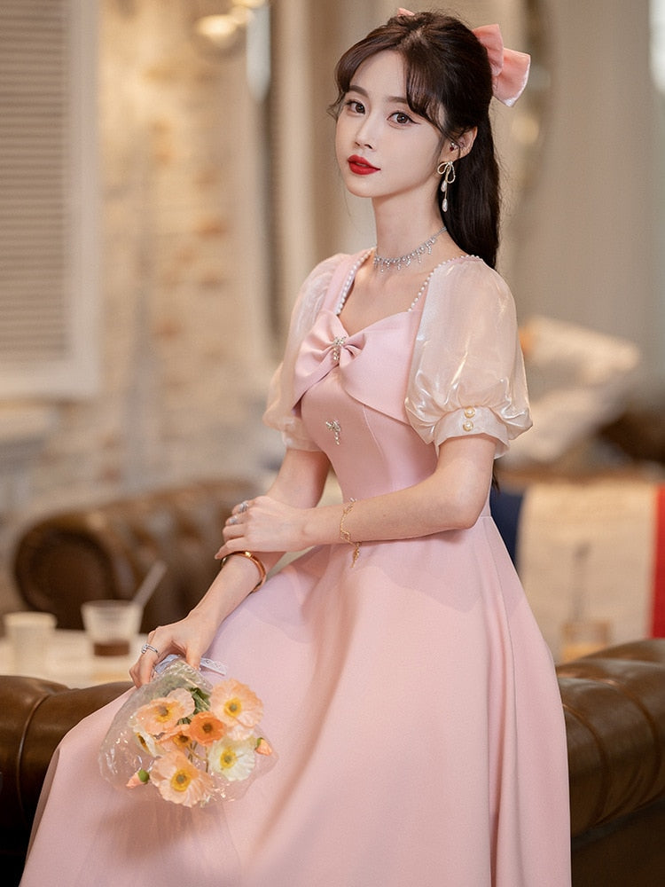 Evening wear Dresses: Pink Prom Dress Puff Sleeve Collar Mid-Length A-Line Party