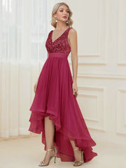 Evening wear Dresses: V-Neck Sleeveless Sequin Floor Length Evening Dress Red