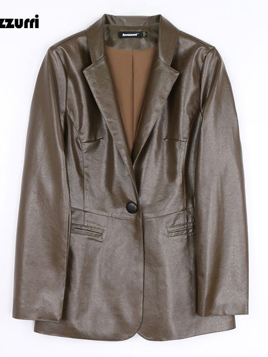 Spring Autumn Black Leather Blazer Women Single Button Slim Fit