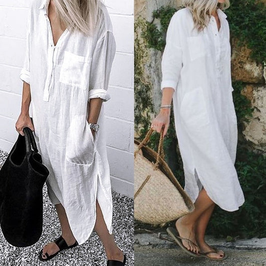 Women Shirt Dress Spring Summer Lapel Button Long Sleeve Side Split Dresses