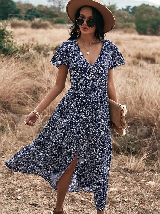 Dot Print Ruffles Summer Dress Women Casual V Neck Drawstring Button Dress For Woman