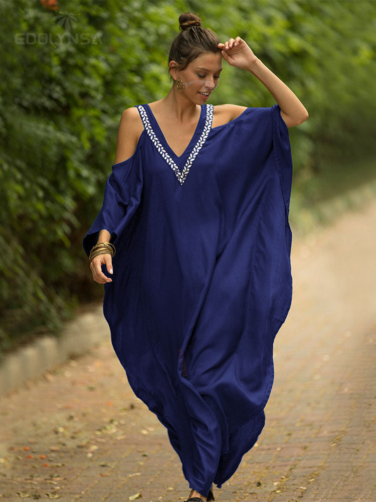 Cold Shoulder V Neck Bats Sleeve Loose Summer Beach Dress Plus Size