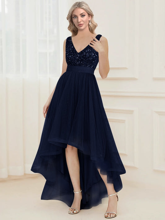 Evening wear Dresses: V-Neck Sleeveless Sequin Floor Length Evening Dress Red