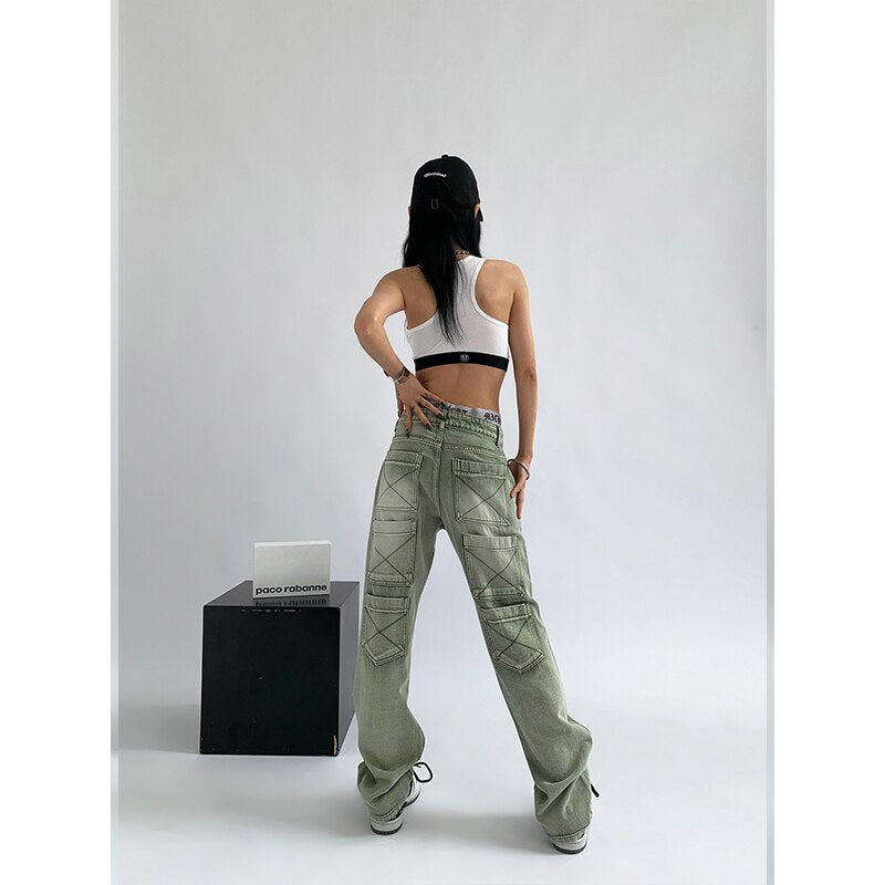 Women Green Jeans Vintage Washed Multiple Pockets Wide Leg Pants